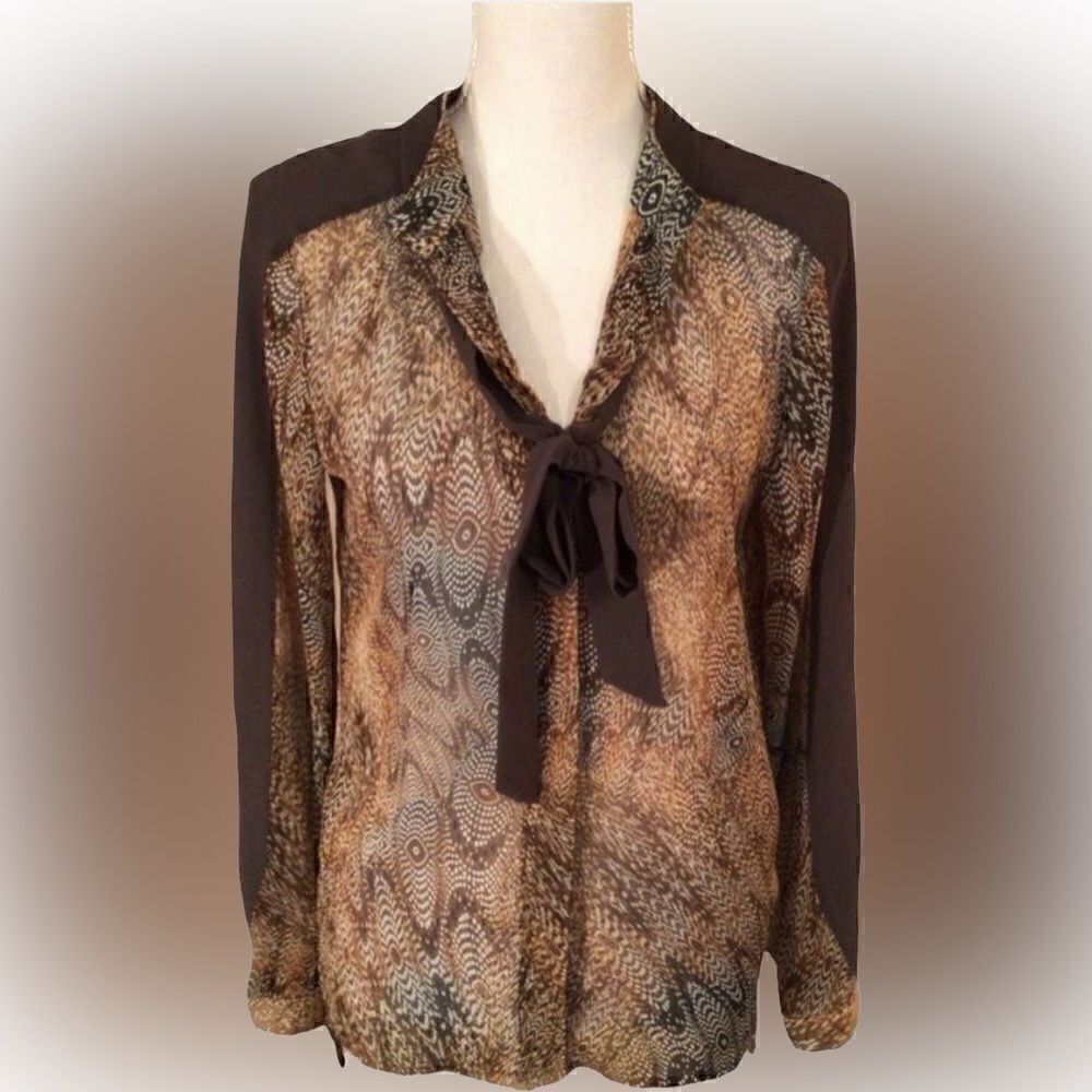 sheer brown and tan swirly animal print button down blouse size 2 - SW3 Bespoke